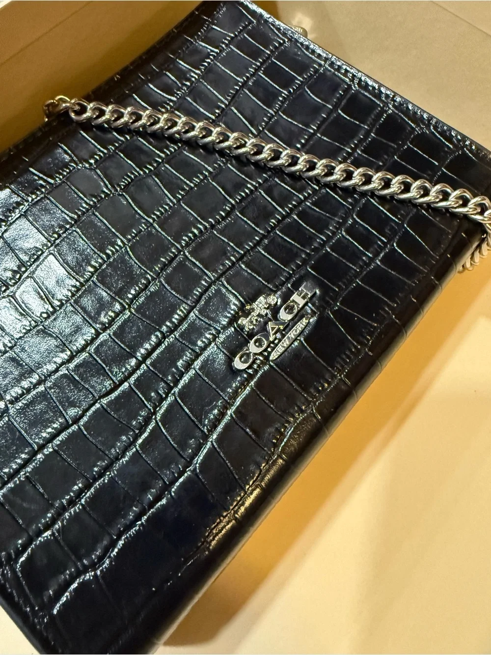 Coach Black Croc-Embossed Leather Chain Crossbody Bag